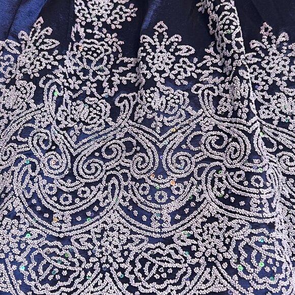 Leslie Fay Blue Fit & Flare Dress 16 Paisley Hem Sleeveless Party Made in USA - Picture 9 of 10